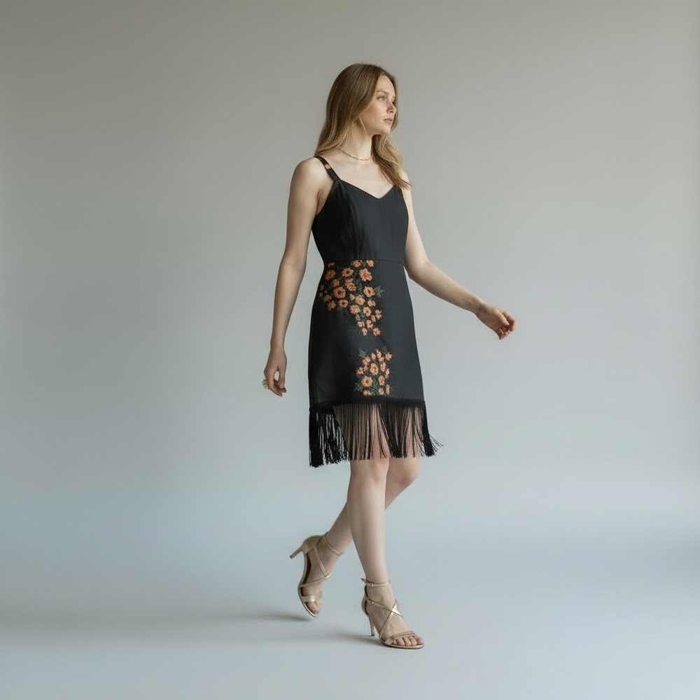 EDDY Molly Beaded Floral Fringe Dress Black Lace Up Corset Mini Cotton Size 12